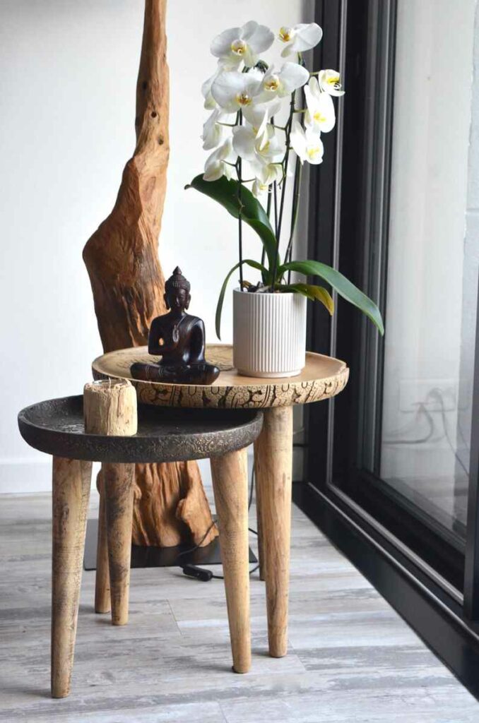 aménagement avec une plante, une table, un bouddha en matériaux sains, nobles pour la culture et philosophie ayurvédique