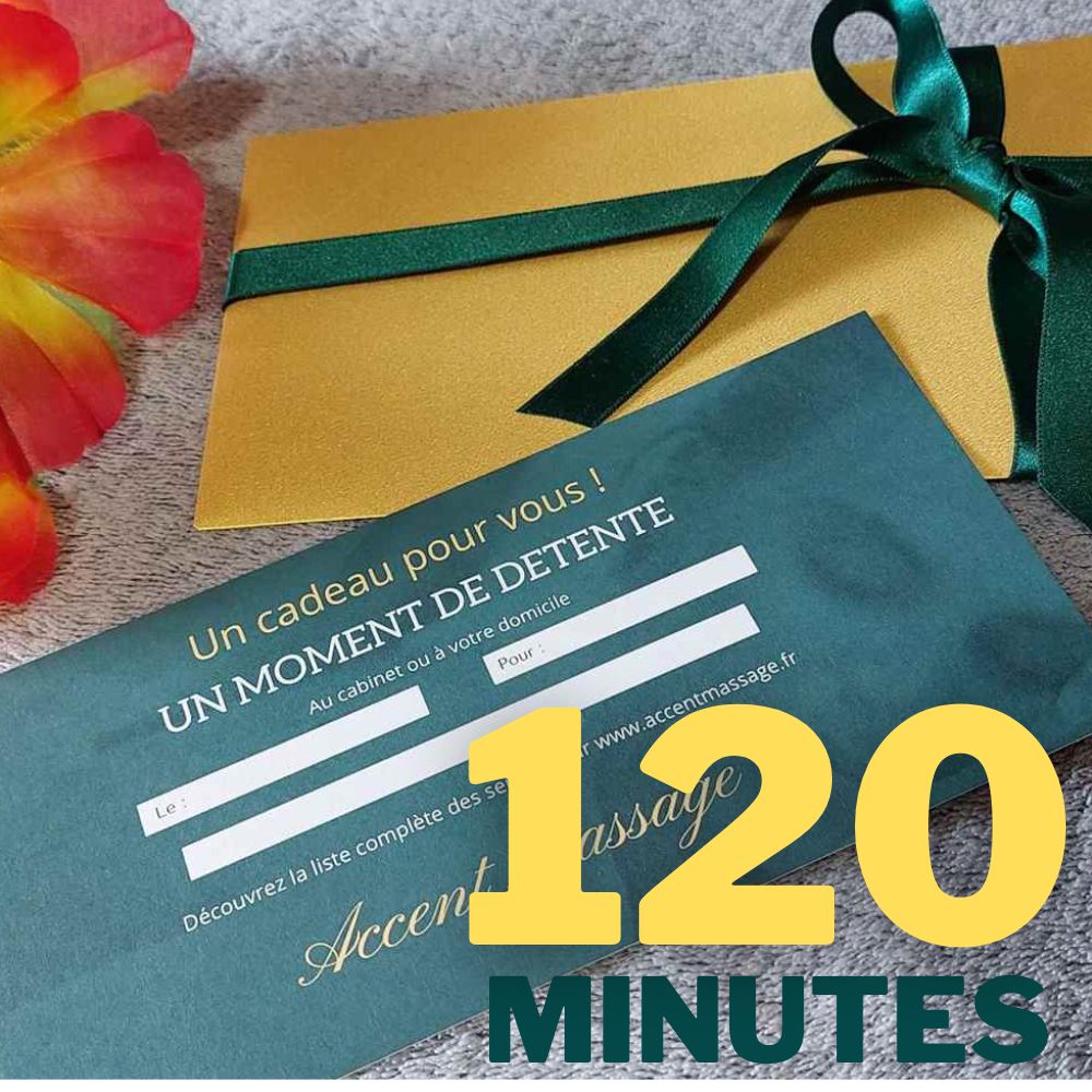 Chèque cadeau de massage 120 minutes de couleur bleu pétrole avec enveloppe dorée et ruban
