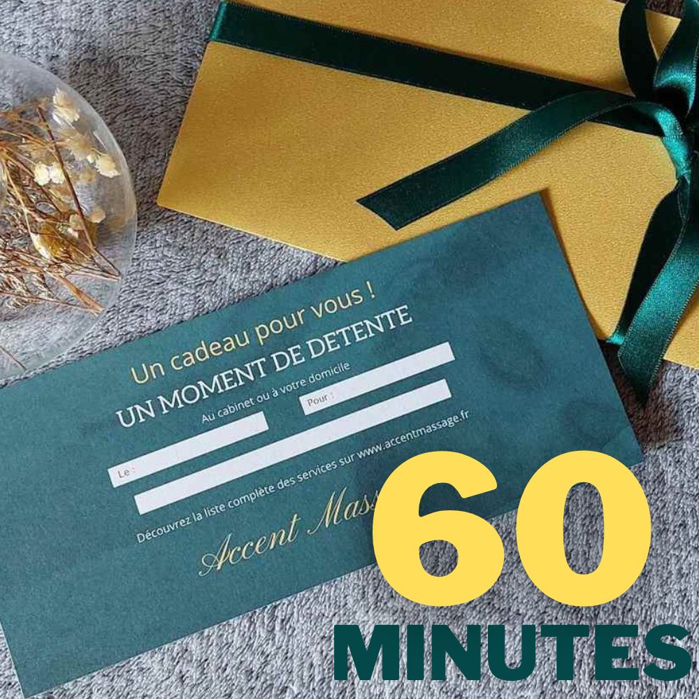 Chèque cadeau pour massage de 60 minutes avec enveloppe en or et ruban de soir bleu et vert