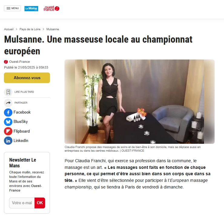 Article de Ouest-France sur la participation de la praticienne d'Accent Massage au Championnat Européen de Massage 2025